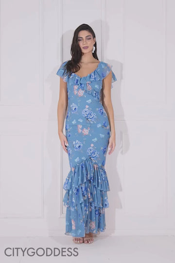 FLORAL PRINTED CHIFFON RUFFLE MAXI DRESS Goddiva